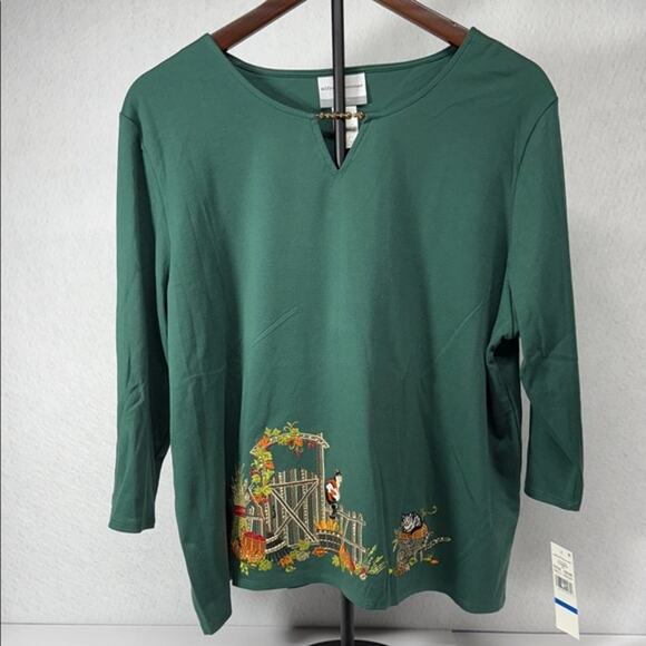 Women's  Grandma New NWT Alfred Dunner Fall Autumn Cats Green Embroidered Top PM - Picture 1 of 6